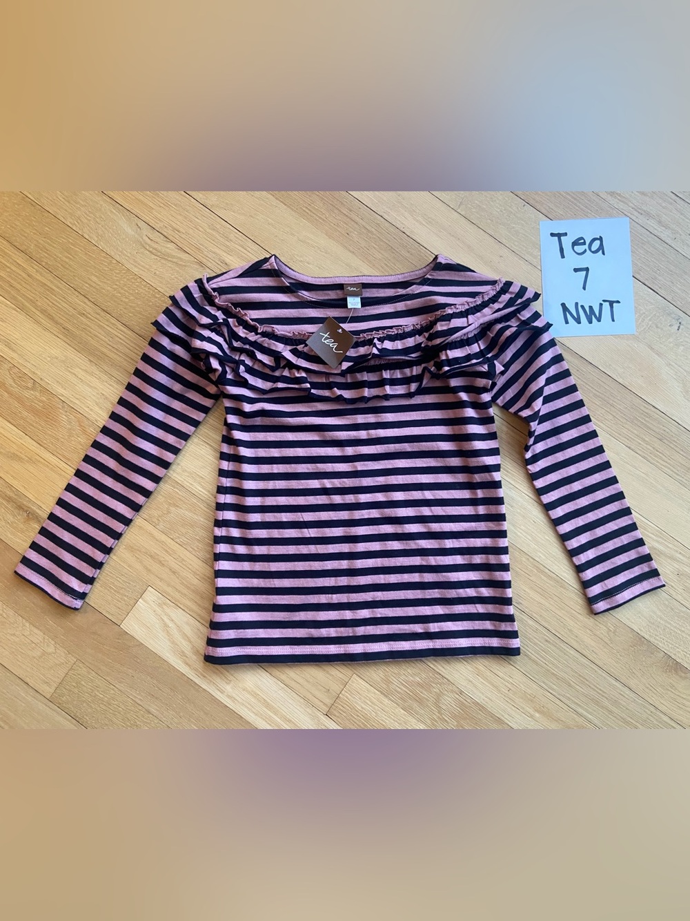 Tea Collection NWT Girls' Pink and Black Striped Ruffle Long-Sleeve Top Size7